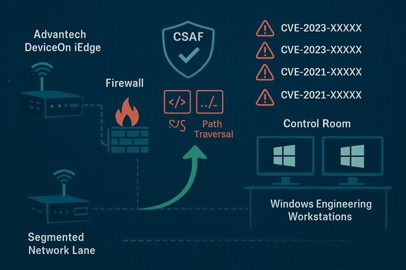 Industrial network security diagram with edge devices, firewall, CSAF, path traversal, and Windows workstations.