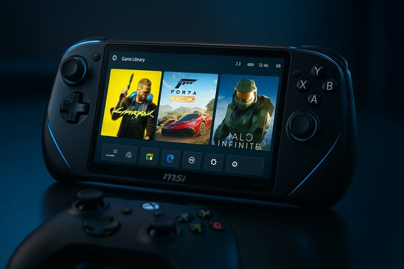 A handheld MSI gaming device displays a game library with three cover titles on its screen.