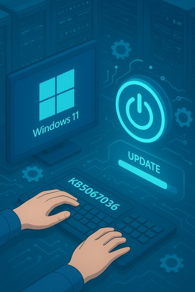 Hands type on a laptop as a Windows 11 update screen glows in a high-tech server room. Hands type on a laptop as a Windows 11 update screen glows in a high-tech server room.
