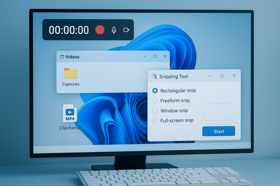 Windows desktop on a monitor showing Snipping Tool options, a Videos folder, and a screen-record timer.