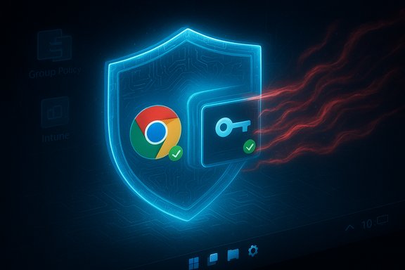 A glowing blue shield shows the Chrome logo and a key, symbolizing secure browser policy enforcement.