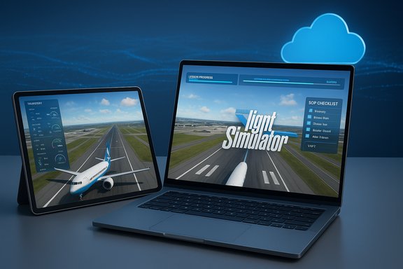A laptop and tablet running a flight simulator, showing a plane on the runway.