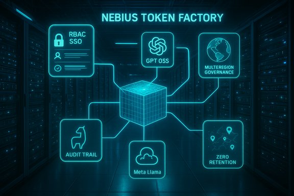 Futuristic neon diagram of the Nebius Token Factory linking security, governance, and data modules.