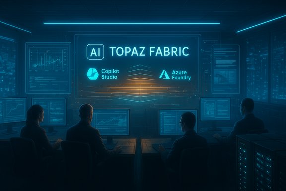 A blue-lit AI command center showcasing AI Topaz Fabric with Copilot Studio and Azure Foundry.