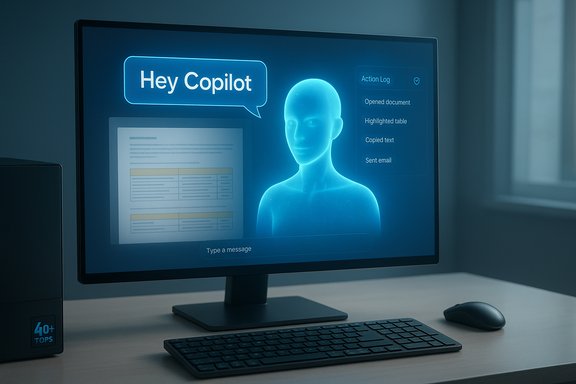 A blue holographic AI assistant greets 'Hey Copilot' on a desktop computer screen.
