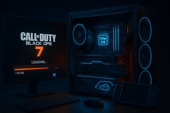 A neon-blue-lit gaming PC setup with a monitor displaying 'Call of Duty: Black Ops 7' loading.