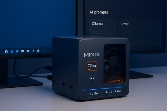 MINIX mini PC with Ryzen AI, NVMe storage, and 32 GB RAM on a desk beside a monitor.