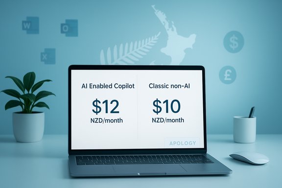 Laptop displays pricing: AI Enabled Copilot NZD 12/month vs Classic non-AI NZD 10/month.