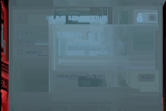 Blue-tinted UI showing a code editor with inline suggestions and a left file tree (src, utils, index.js).