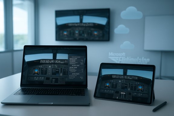 Laptop and tablet display a cockpit view for a Microsoft Flight Simulator setup.