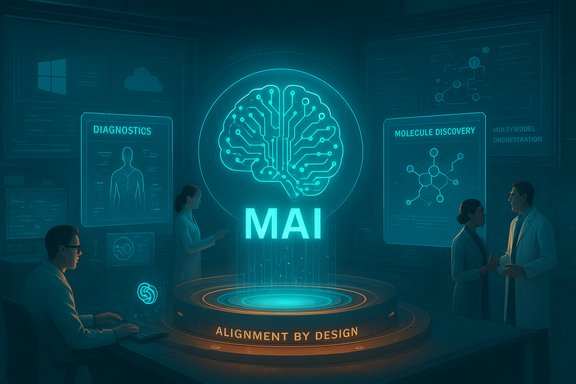 Futuristic lab with a glowing MAI brain core on a circular platform, surrounded by researchers.