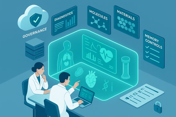 Two doctors study a holographic medical dashboard displaying anatomy, diagnostics, and governance.