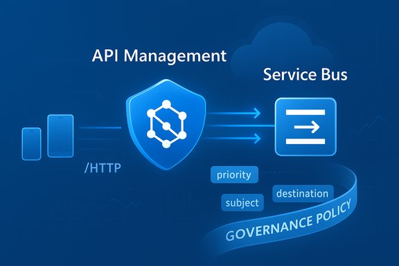 API management diagram routing HTTP traffic to a service bus with governance policy.