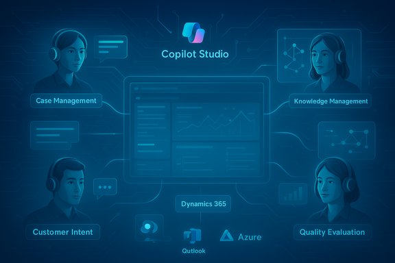 Blue-toned Copilot Studio infographic showing a central dashboard linked to Case Management, Knowledge Management, and Quality tools.