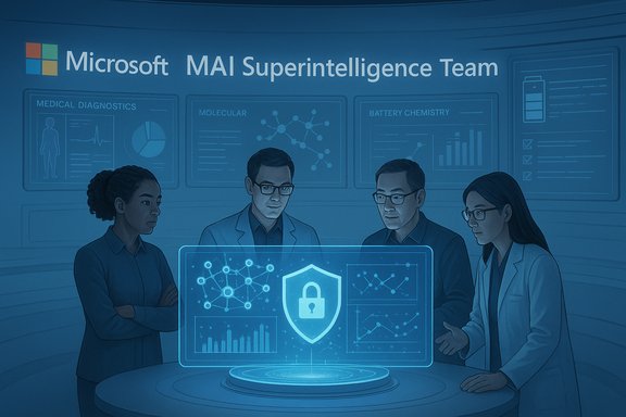 Microsoft MAI Superintelligence Team examines security and analytics on a holographic display.