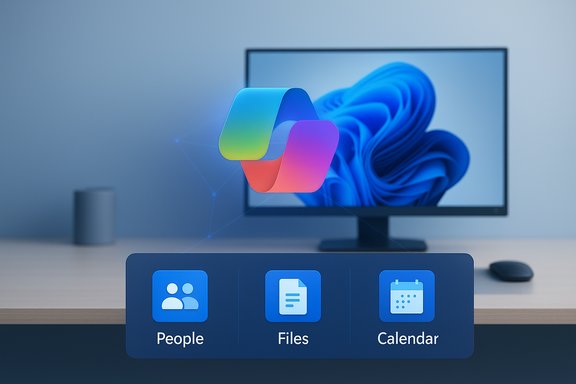 A futuristic desk setup with a floating app dock showing People, Files, and Calendar icons in front of a blue monitor.