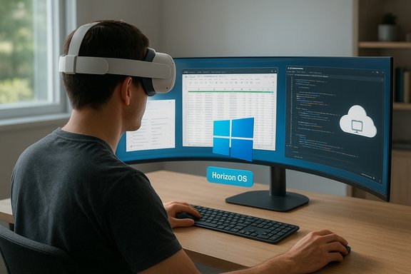 Person wearing a VR headset at a curved multi-monitor setup, coding and viewing data.