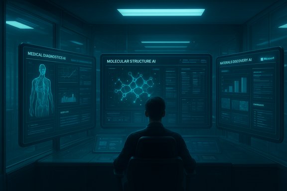 A researcher at a futuristic station analyzes blue holographic screens of medical and molecular data.