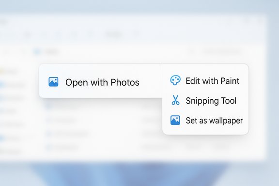 Floating action menu showing 'Open with Photos' with a right-side panel listing Edit with Paint, Snipping Tool, Set as wallpaper.