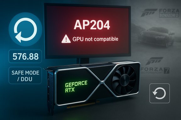 GeForce RTX graphics card with a monitor showing an AP204 'GPU not compatible' warning.