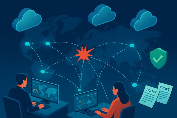 Two analysts monitor a global network amid a cyberattack, with clouds and security policies.