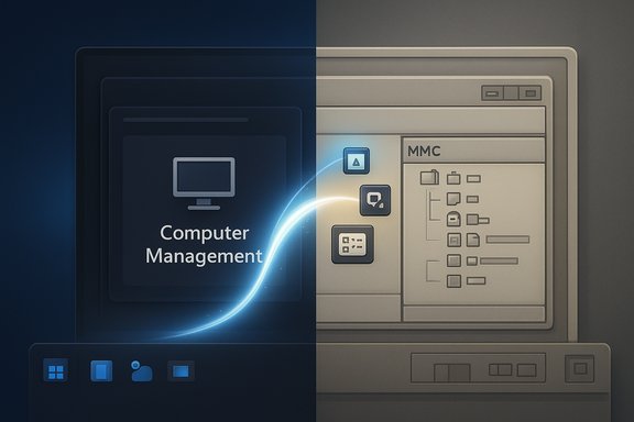 Split-screen: Computer Management on the left, MMC diagram on the right.