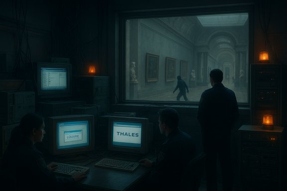 Two operators in a dim control room monitor a museum corridor through a large window.