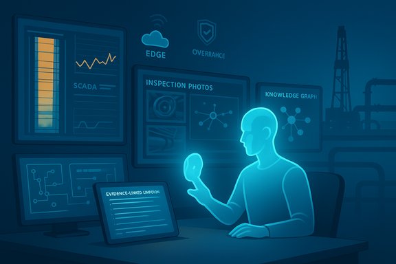 A glowing holographic analyst reviews industrial-control dashboards in a high-tech control room.