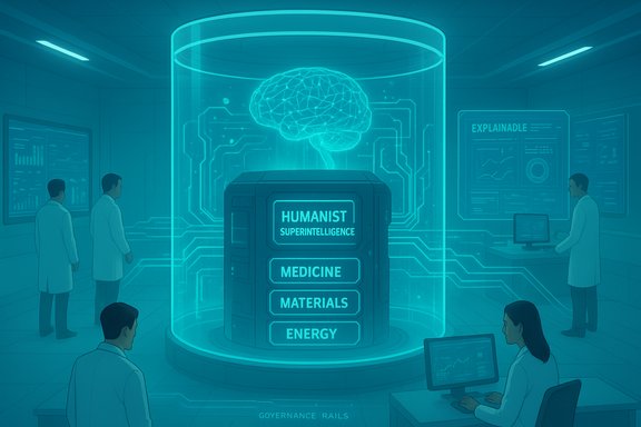 A futuristic lab shows a glowing brain in a cylinder labeled HUMANIST SUPERINTELLIGENCE, with scientists nearby.