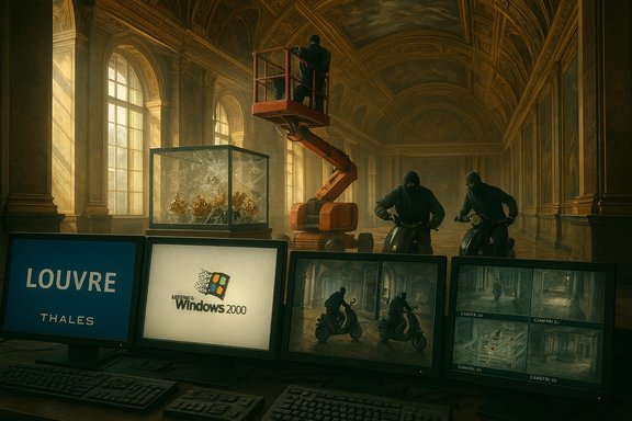 Masked thieves stage a museum heist with a red boom lift and two motorbikes.