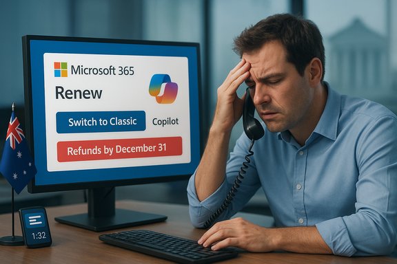 An anxious man on a headset at his desk, looking at a Microsoft 365 renewal screen.