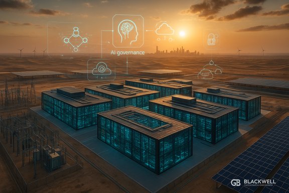 Futuristic glass-walled data center complex in a desert at sunset, with holographic AI governance icons overhead.