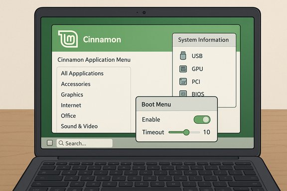 Laptop screen shows Mint Cinnamon desktop with application menu and boot menu toggle.