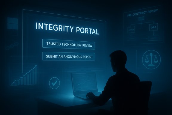 A person at a desk uses an Integrity Portal UI to review trusted tech and file anonymous reports.