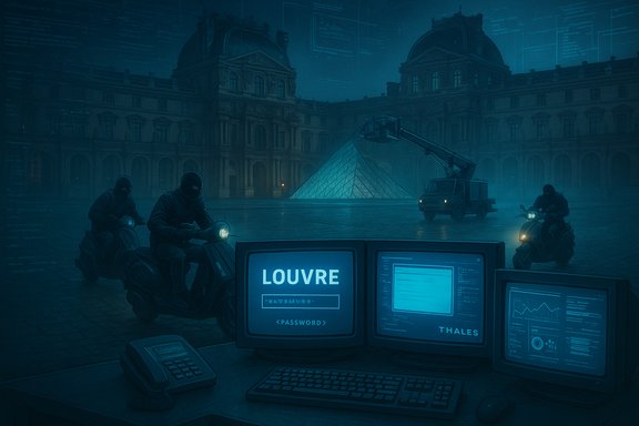 Blue-tinted Louvre courtyard heist: masked riders, a glass pyramid, and glowing computer screens.