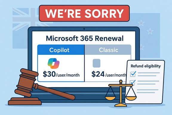 We’re sorry: Microsoft 365 renewal pricing (Copilot $30, Classic $24) with gavel and refund form.