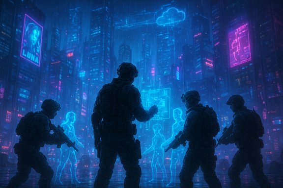 Silhouetted soldiers in tactical gear study holographic blueprints in a neon-lit cybercity.