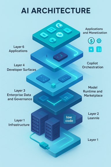 Isometric diagram of AI architecture layers from infrastructure to applications and monetization.