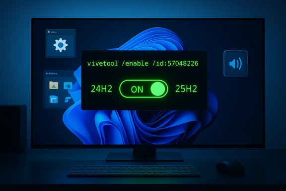 Neon green toggle overlay enabling 24H2/25H2 via Vivetool on Windows.