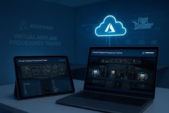 Laptop and tablet display the Boeing Virtual Airplane Procedures Trainer in a blue-lit environment.