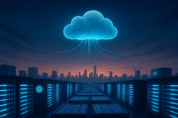 A glowing blue cloud hovers above a city skyline, streaming data to futuristic server racks.