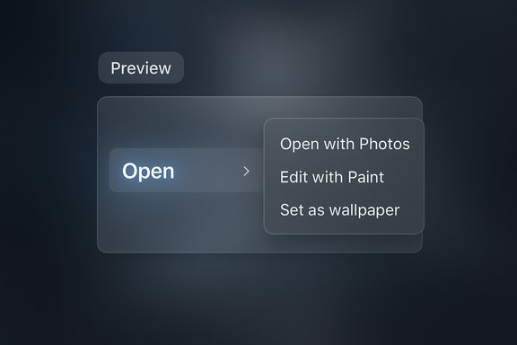 A dark, glassy UI with an Open button and a floating options menu. A dark, glassy UI with an Open button and a floating options menu.