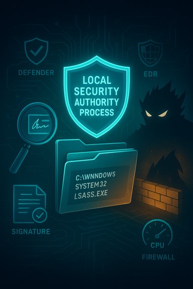 Neon shield displays Local Security Authority Process guarding LSASS.exe from malware.