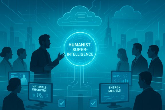 A futuristic team discusses Humanist Super-Intelligence, with screens on Materials Discovery and Energy Models.