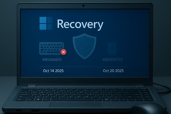 Windows Recovery screen on a laptop with shield icon and two dates: Oct 14, 2025 and Oct 20, 2025.