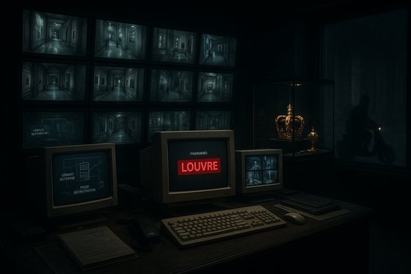 Dim control room with multiple monitors displaying eerie hallways, a central red LOUVRE display, and a crown in a glass case.