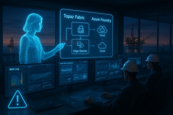 Blue holographic presenter explains cloud and edge devices to offshore engineers in a control room.