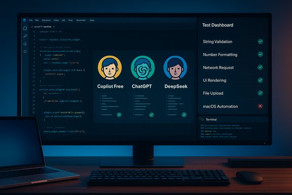 Dark desk setup with a monitor showing code, three AI avatars, and a test dashboard.