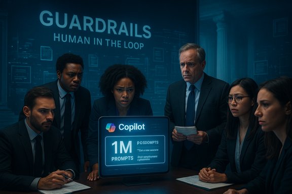 A diverse team gathers around a Copilot screen displaying 1M prompts.