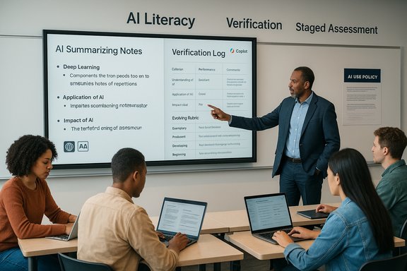 Instructor leads AI literacy and verification training for a group of students.